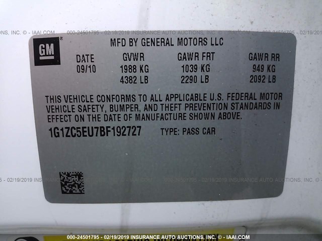 1G1ZC5EU7BF192727 - 2011 CHEVROLET MALIBU 1LT 白色 照片 9