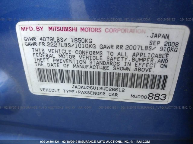 JA3AU26U19U026612 - 2009 MITSUBISHI LANCER ES/ES SPORT BLUE photo 9