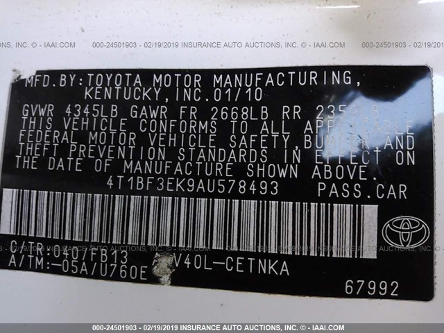 4T1BF3EK9AU578493 - 2010 TOYOTA CAMRY SE/LE/XLE 白色 照片 9