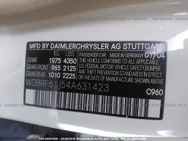 WDBRF61J54A631423 - 2004 MERCEDES-BENZ C 240 WHITE photo 9