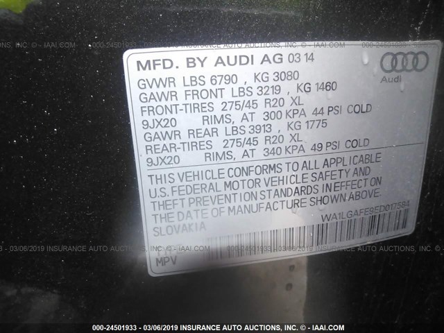 WA1LGAFE9ED017584 - 2014 AUDI Q7 PREMIUM PLUS GRAY photo 9