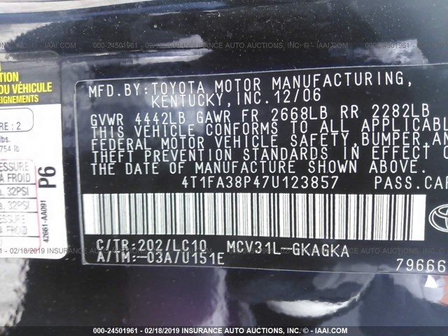 4T1FA38P47U123857 - 2007 TOYOTA CAMRY SOLARA SE/SLE BLACK photo 9