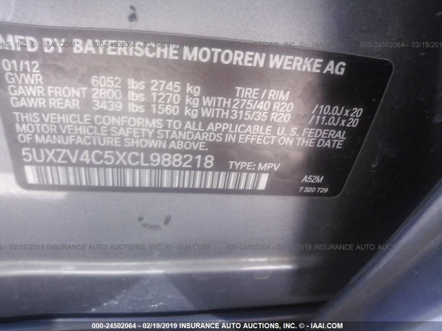 5UXZV4C5XCL988218 - 2012 BMW X5 XDRIVE35I SILVER photo 9