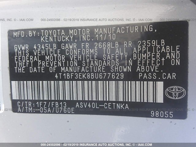 4T1BF3EK8BU677629 - 2011 TOYOTA CAMRY SE/LE/XLE 银色 照片 9