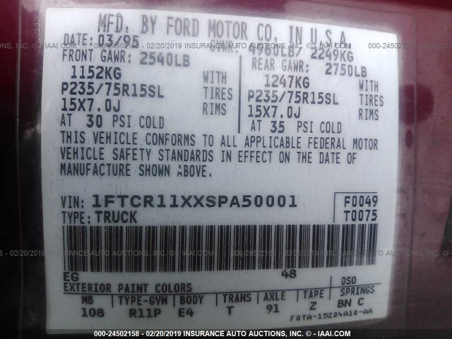 1FTCR11XXSPA50001 - 1995 FORD RANGER RED photo 9