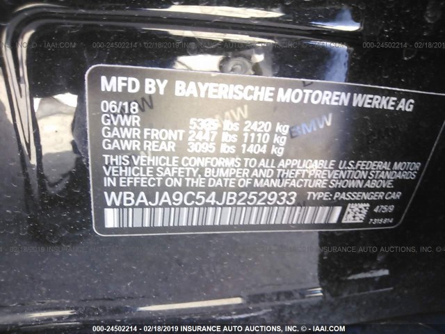 WBAJA9C54JB252933 - 2018 BMW 530E BLACK photo 9