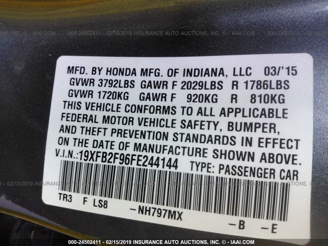 19XFB2F96FE244144 - 2015 HONDA CIVIC EXL GRAY photo 9