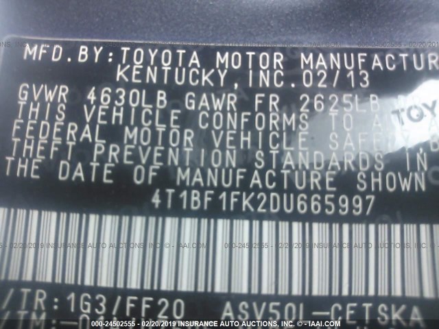 4T1BF1FK2DU665997 - 2013 TOYOTA CAMRY L/SE/LE/XLE Boz foto 9