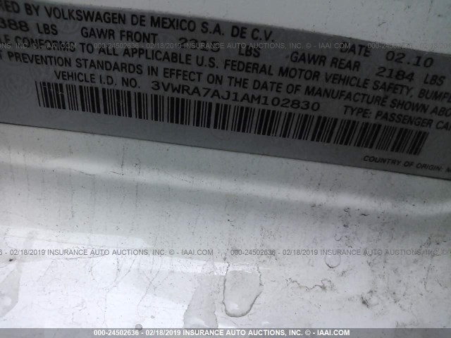 3VWRA7AJ1AM102830 - 2010 VOLKSWAGEN JETTA WOLFSBURG 白色 照片 9