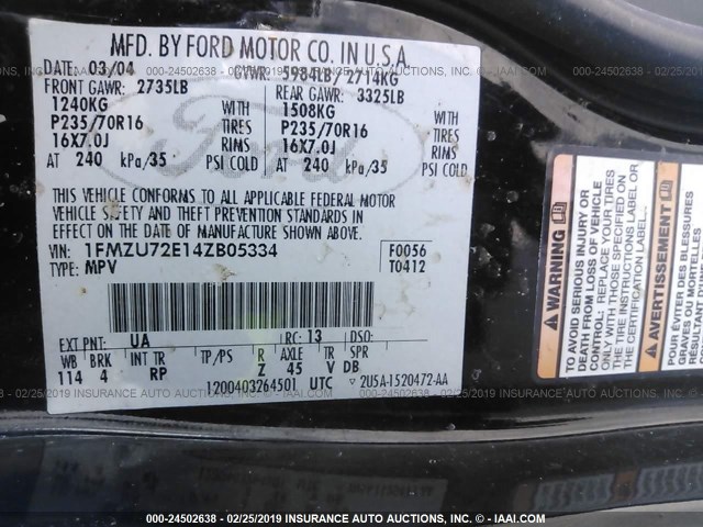 1FMZU72E14ZB05334 - 2004 FORD EXPLORER XLS/XLS SPORT BLACK photo 9