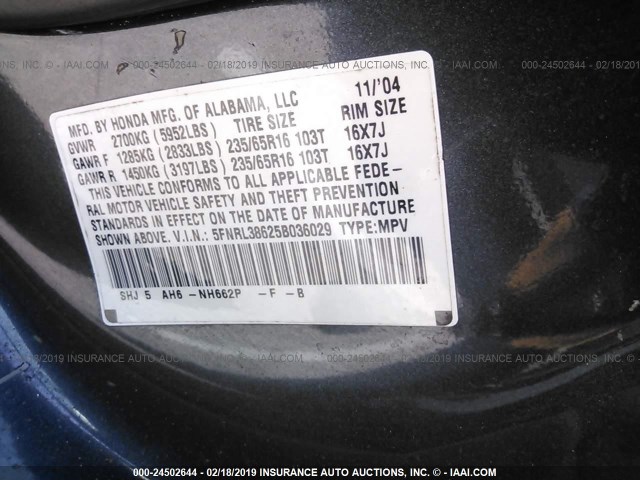 5FNRL38625B036029 - 2005 HONDA ODYSSEY EXL GRAY photo 9