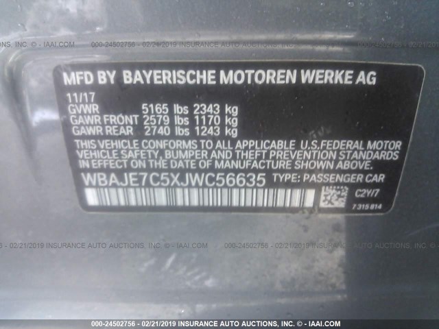 WBAJE7C5XJWC56635 - 2018 BMW 540 XI GRAY photo 9