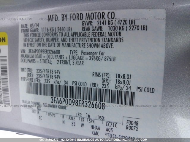 3FA6P0D98ER326608 - 2014 FORD FUSION TITANIUM SILVER photo 9