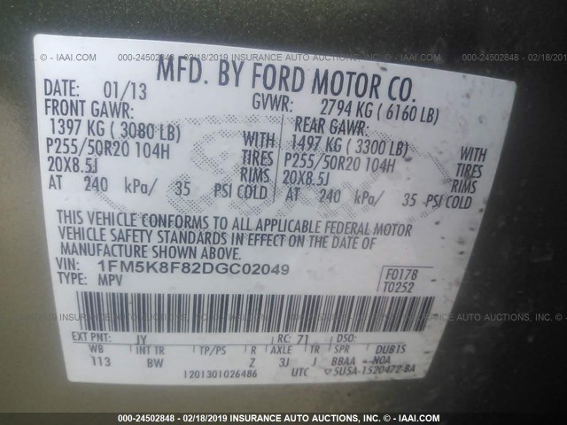 1FM5K8F82DGC02049 - 2013 FORD EXPLORER LIMITED GREEN photo 9