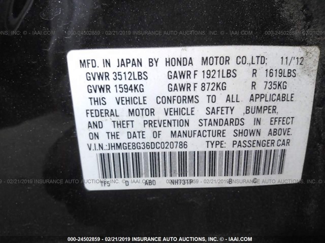 JHMGE8G36DC020786 - 2013 HONDA FIT BLACK photo 9