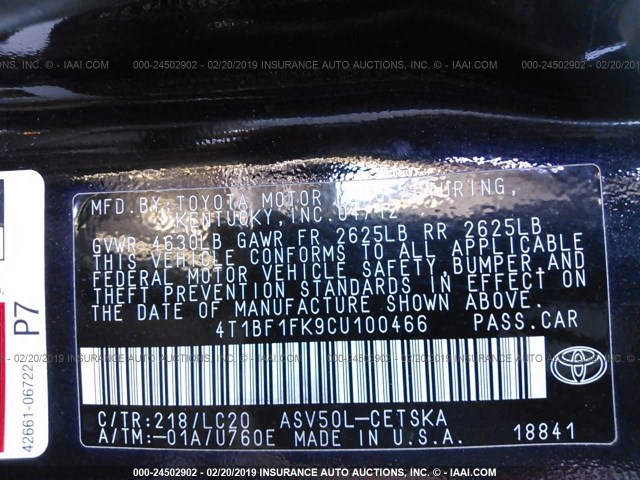 4T1BF1FK9CU100466 - 2012 TOYOTA CAMRY SE/LE/XLE 黑色 照片 9