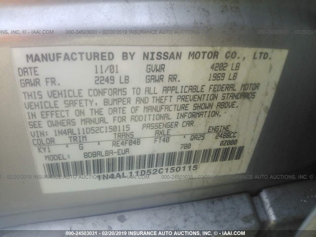 1N4AL11D52C150115 - 2002 NISSAN ALTIMA S/SL SILVER photo 9