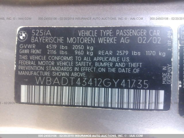 WBADT43412GY41735 - 2002 BMW 525 I AUTOMATIC GRAY photo 9