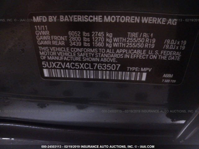 5UXZV4C5XCL763507 - 2012 BMW X5 XDRIVE35I GRAY photo 9