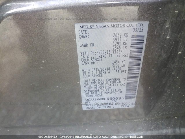 5N1AR2MN0DC660695 - 2013 NISSAN PATHFINDER S/SV/SL/PLATINUM BROWN photo 9
