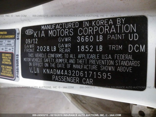 KNADM4A32D6171595 - 2013 KIA RIO LX WHITE photo 9