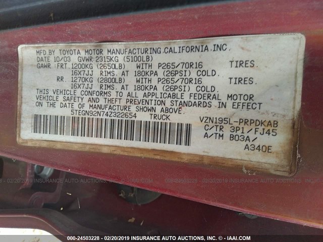 5TEGN92N74Z322654 - 2004 TOYOTA TACOMA DOUBLE CAB PRERUNNER BURGUNDY photo 9