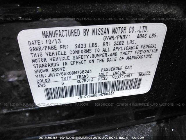 JN1CV6AR8DM768244 - 2013 INFINITI G37 BLACK photo 9