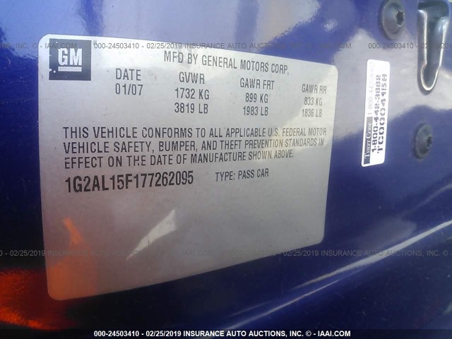 1G2AL15F177262095 - 2007 PONTIAC G5 BLUE photo 9