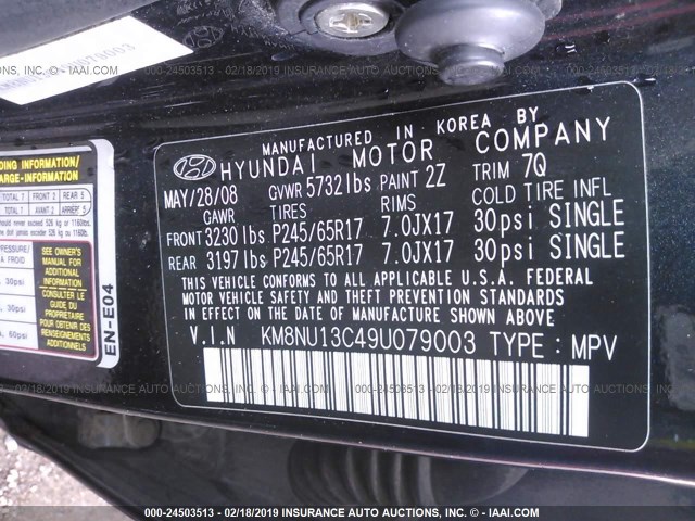 KM8NU13C49U079003 - 2009 HYUNDAI VERACRUZ GLS/SE/LIMITED BLACK photo 9