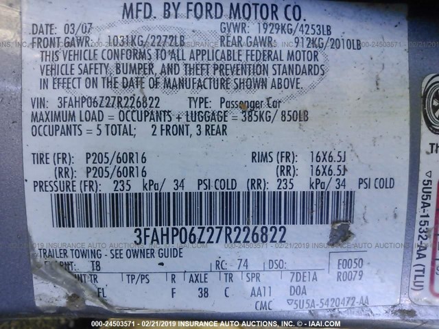 3FAHP06Z27R226822 - 2007 FORD FUSION S GRAY photo 9