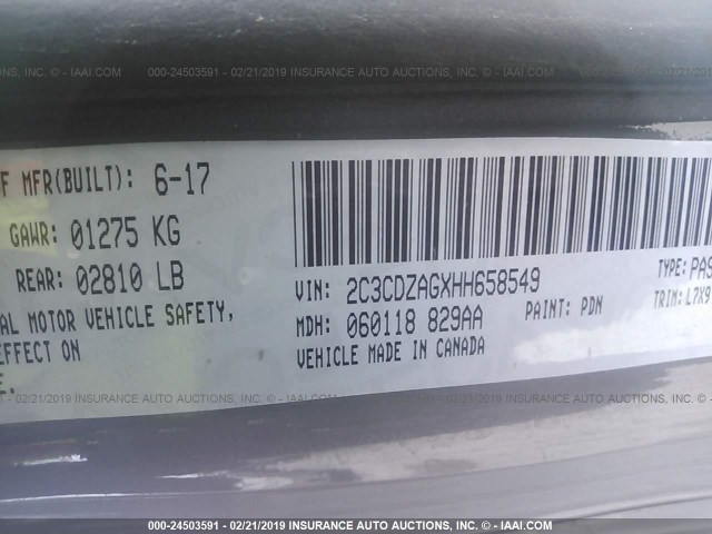 2C3CDZAGXHH658549 - 2017 DODGE CHALLENGER SXT GRAY photo 9