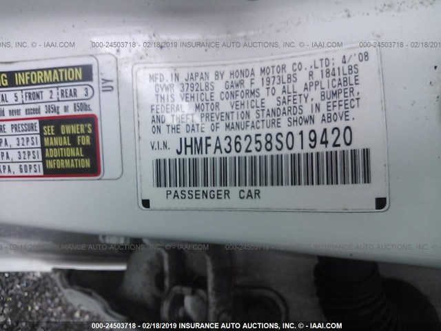 JHMFA36258S019420 - 2008 HONDA CIVIC HYBRID WHITE photo 9