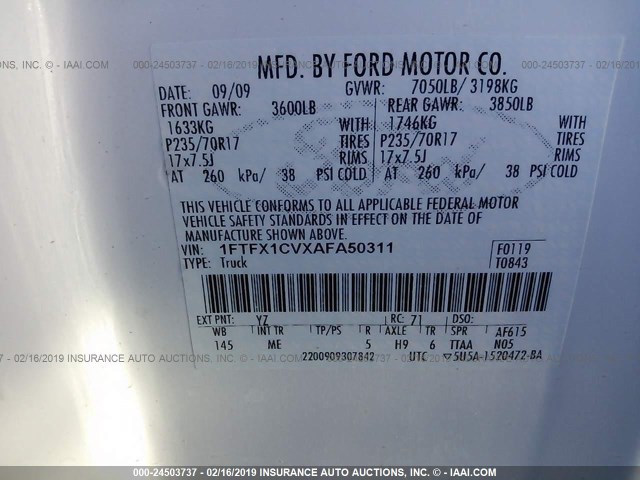 1FTFX1CVXAFA50311 - 2010 FORD F150 SUPER CAB WHITE photo 9