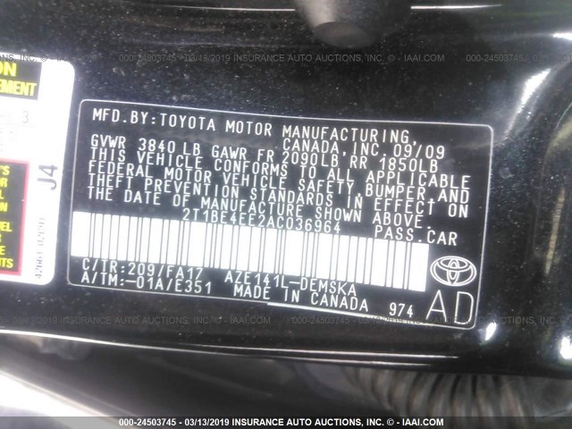 2T1BE4EE2AC036964 - 2010 TOYOTA COROLLA XRS BLACK photo 9