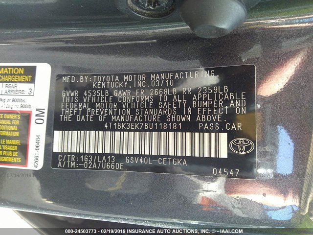 4T1BK3EK7BU118181 - 2011 TOYOTA CAMRY SE/LE/XLE 灰色 照片 9