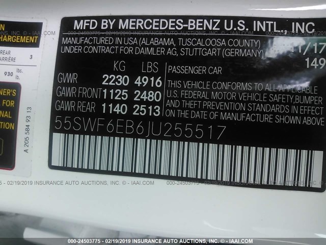 55SWF6EB6JU255517 - 2018 MERCEDES-BENZ C 43 4MATIC AMG WHITE photo 9