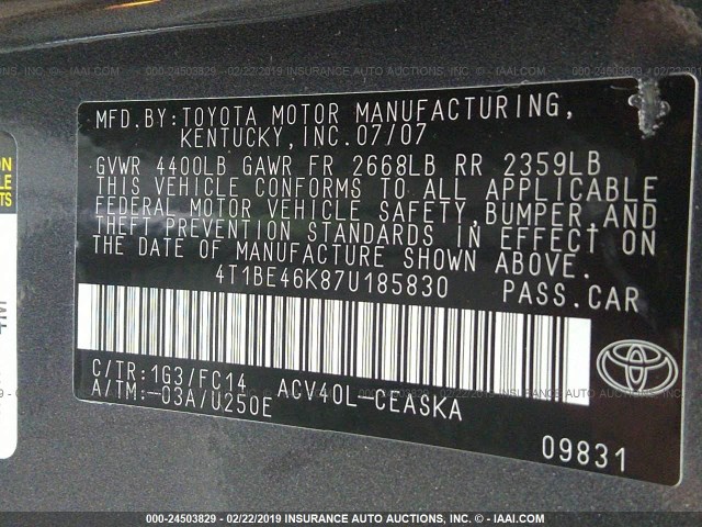 4T1BE46K87U185830 - 2007 TOYOTA CAMRY NEW GENERATION CE/LE/XLE/SE 灰色 照片 9