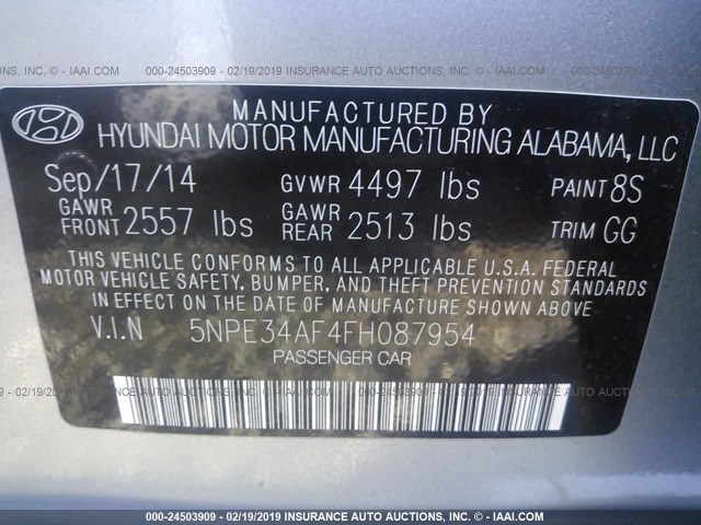 5NPE34AF4FH087954 - 2015 HYUNDAI SONATA SPORT/LIMITED SILVER photo 9