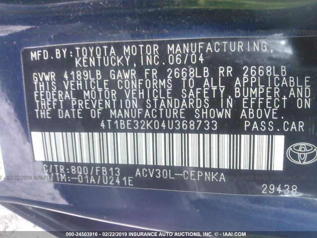 4T1BE32K04U368733 - 2004 TOYOTA CAMRY LE/XLE/SE BLUE photo 9