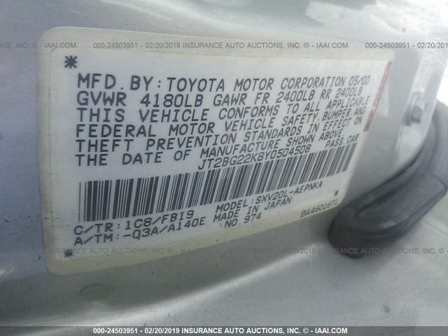 JT2BG22K8Y0504508 - 2000 TOYOTA CAMRY CE/LE/XLE GRAY photo 9