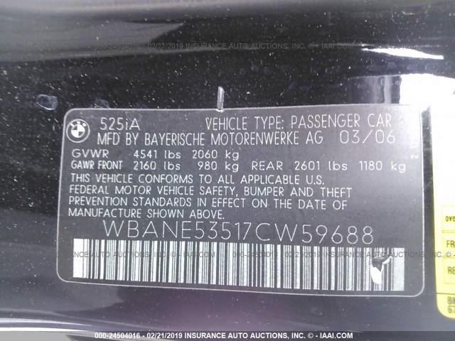 WBANE53517CW59688 - 2007 BMW 525 I BLACK photo 9