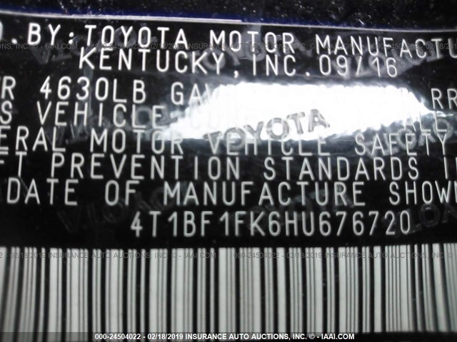 4T1BF1FK6HU676720 - 2017 TOYOTA CAMRY LE/XLE/SE/XSE შავი ფოტო 9