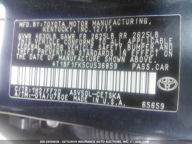 4T1BF1FK5CU536859 - 2012 TOYOTA CAMRY SE/LE/XLE 蓝色 照片 9