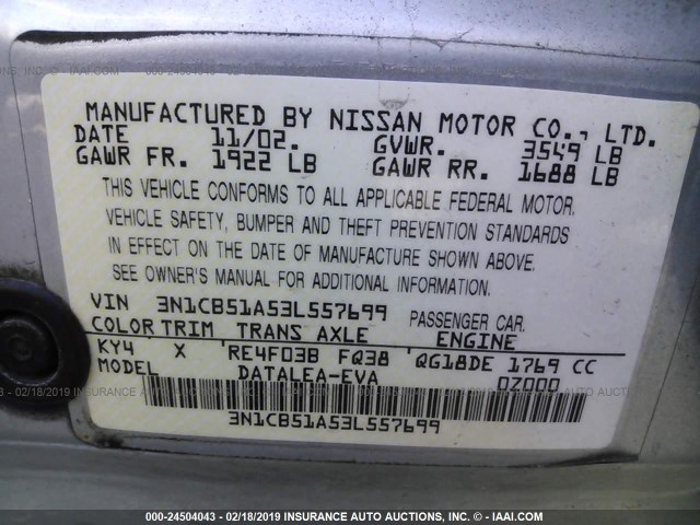 3N1CB51A53L557699 - 2003 NISSAN SENTRA GXE Light Blue photo 9