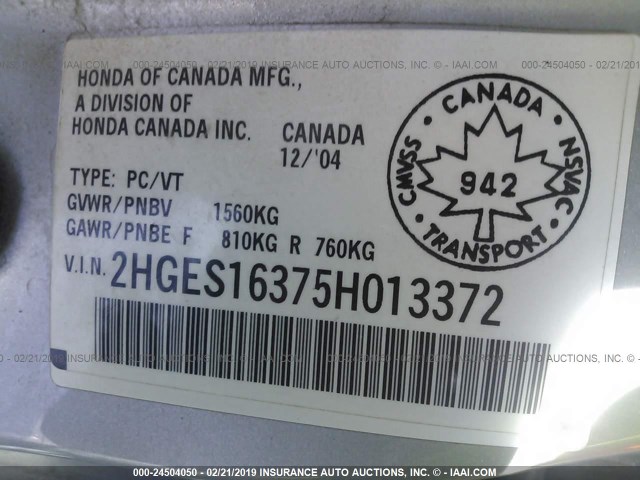 2HGES16375H013372 - 2005 HONDA CIVIC DX VP Gümüş foto 9