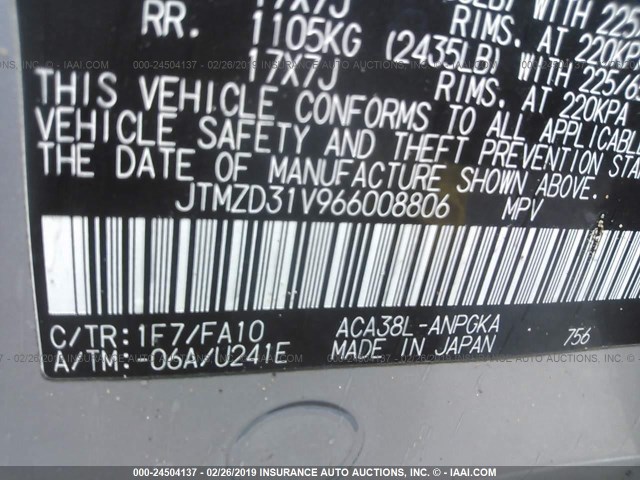 JTMZD31V966008806 - 2006 TOYOTA RAV4 LIMITED SILVER photo 9