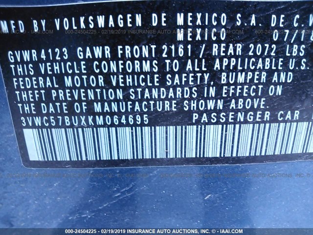 3VWC57BUXKM064695 - 2019 VOLKSWAGEN JETTA S/SE/R-LINE BLUE photo 9