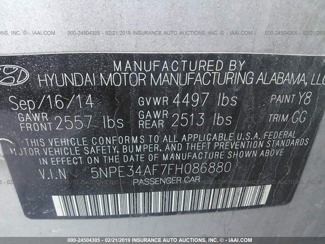 5NPE34AF7FH086880 - 2015 HYUNDAI SONATA SPORT/LIMITED SILVER photo 9