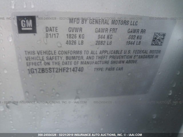 1G1ZB5ST2HF214740 - 2017 CHEVROLET MALIBU LS SILVER photo 9