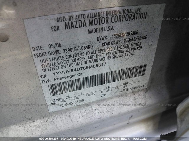 1YVHP84D765M65617 - 2006 MAZDA 6 S SILVER photo 9